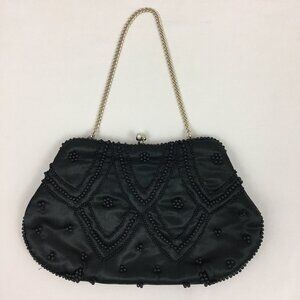 VTG Beaded Satin Black Kiss Clasp Handbag Clutch Purse Japan